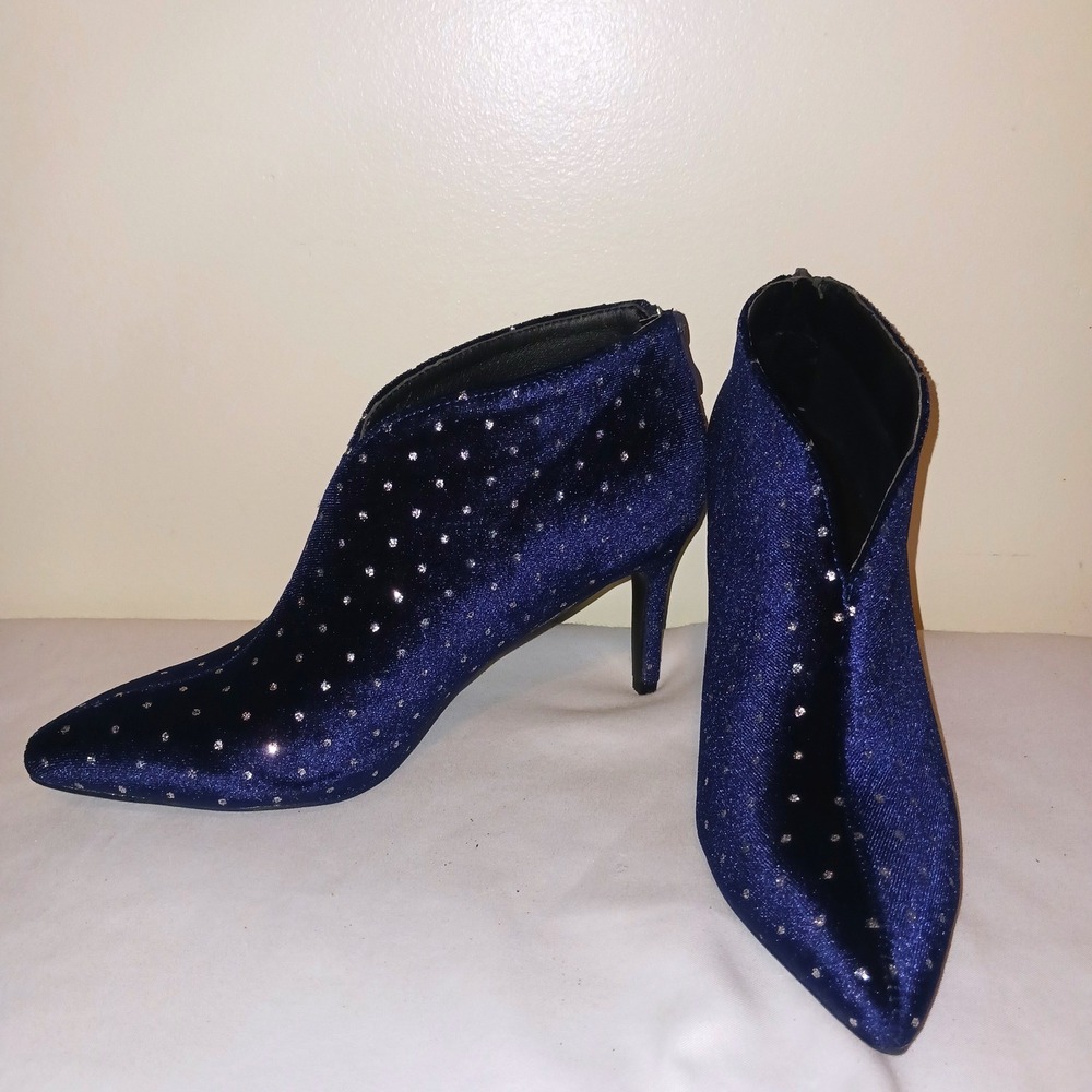 Allegra K Starry Night Navy Blue Rhinestone Pointed Toe Stiletto Ankle Boots 8